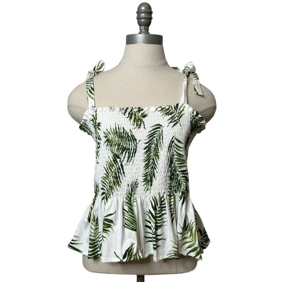 H&M Green White Camisole Top With Smocking Palm Tree Tropical Print Size Large - Picture 2 of 9